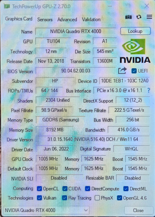 NVIDIA Quadro RTX 4000 8GB GDDR6 PCIe Workstation Graphics Card