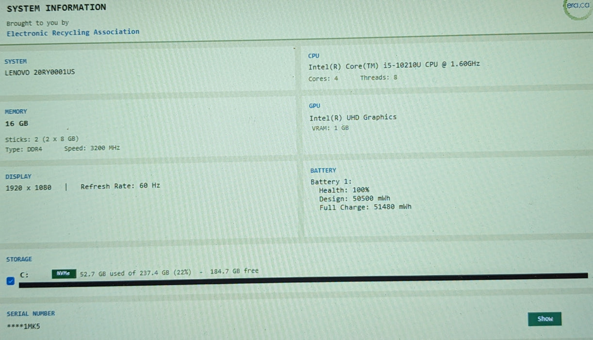 LENOVO T490 i5-10210U @1.60GHz 16GB Ram 256GB READ