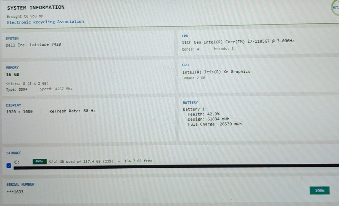 Dell Latitude 7420 Intel Core i7-1185G7 3.00GHz 16GB RAM 256GB SSD