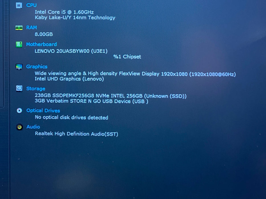 Lenovo ThinkPad X1 Carbon Gen 8 Intel Core i5-10210U 1.60GHz 8GB RAM 256GB SSD