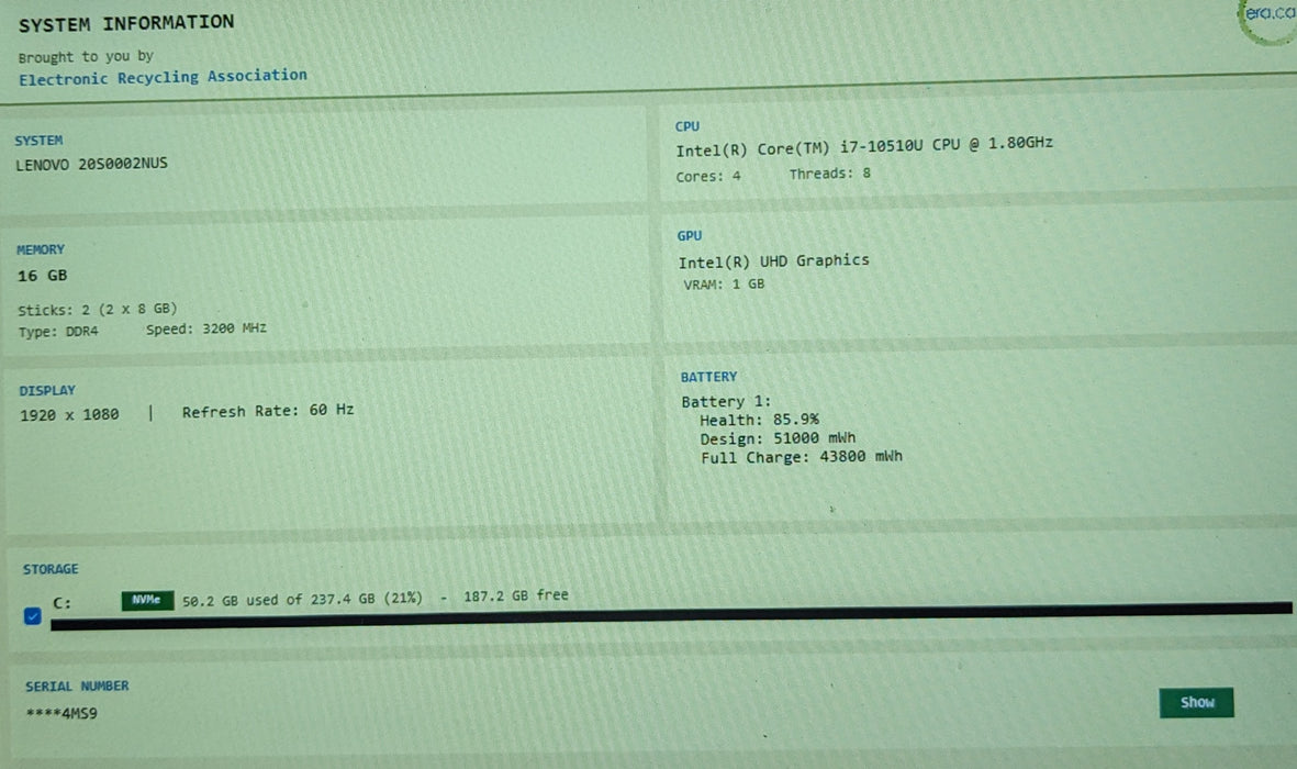 Lenovo ThinkPad T14 Gen 1 i7-10510U 16GB DDR4 256GB NVMe