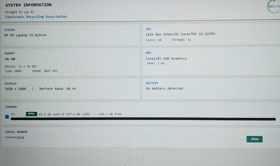 HP 15-DY5088CA I5-1235U 16GB RAM 256GB SSD READ