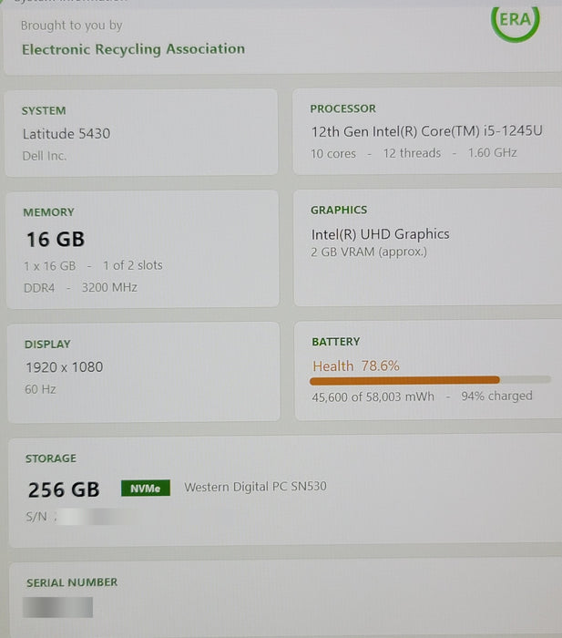 Dell Latitude 5430 i5-1245U 16GB RAM 256GB NVMe SSD 1080p READ