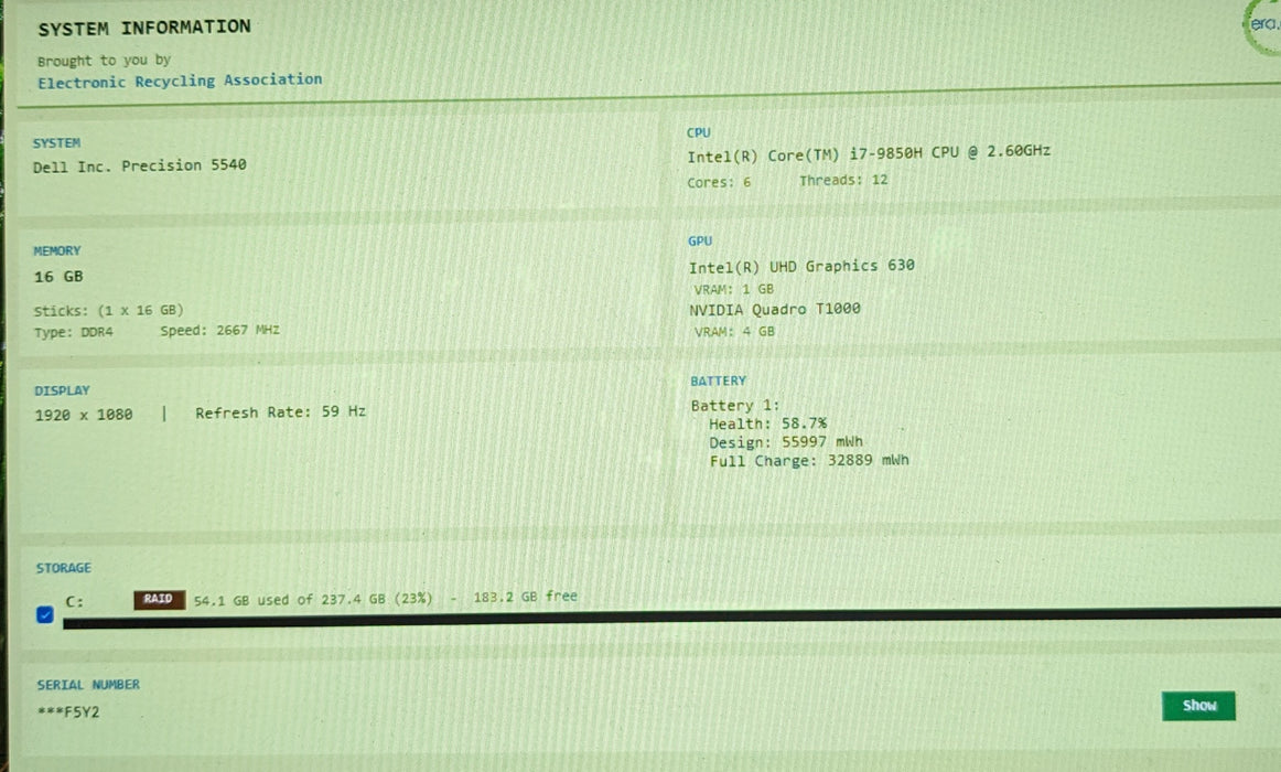 Dell Precision 5540 i7-9850H 2.6GHz 16GB 512GB SSD 15.6” Nvidia T1000