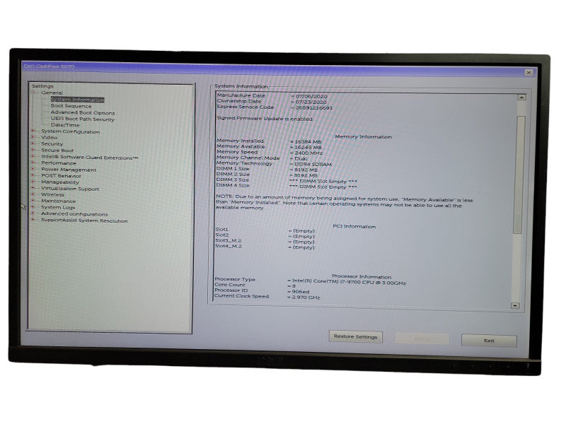 Dell OptiPlex 5070 Desktop Intel Core i7 - 9700 CPU @ 3.00GHz 16GB DDR4 Ram  Î¸