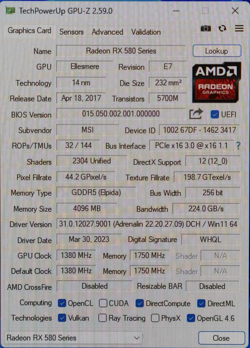 MSI Radeon RX 580 4GB DDR5 Graphics Card GPU
