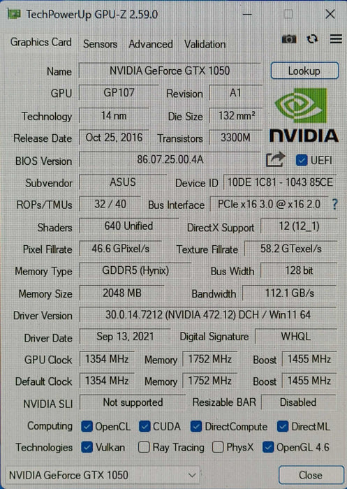 Asus NVIDIA Geforce GTX 1050 2 GB GDDR5 PCI Express 3.0 x16 Video Card