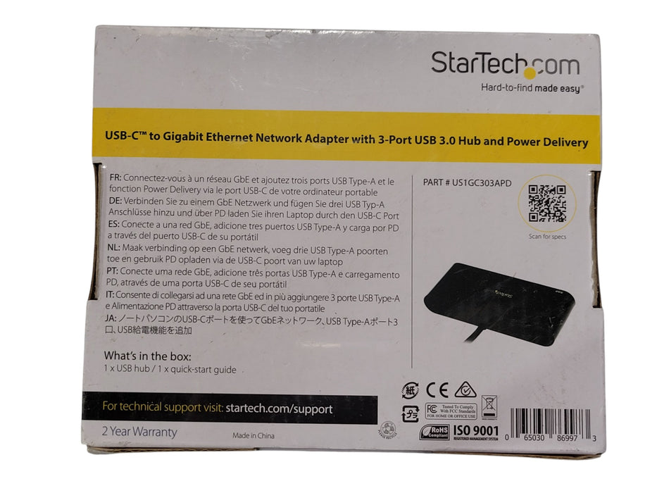 StarTech US1GC303APD USB-C to GbE Adapter with 3-Port USB 3.0 Hub & PD