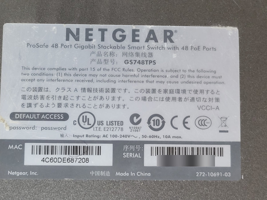 Netgear ProSafe GS748TPS - 48-Port Gigabit PoE Stackable Smart Switch 4x SFP