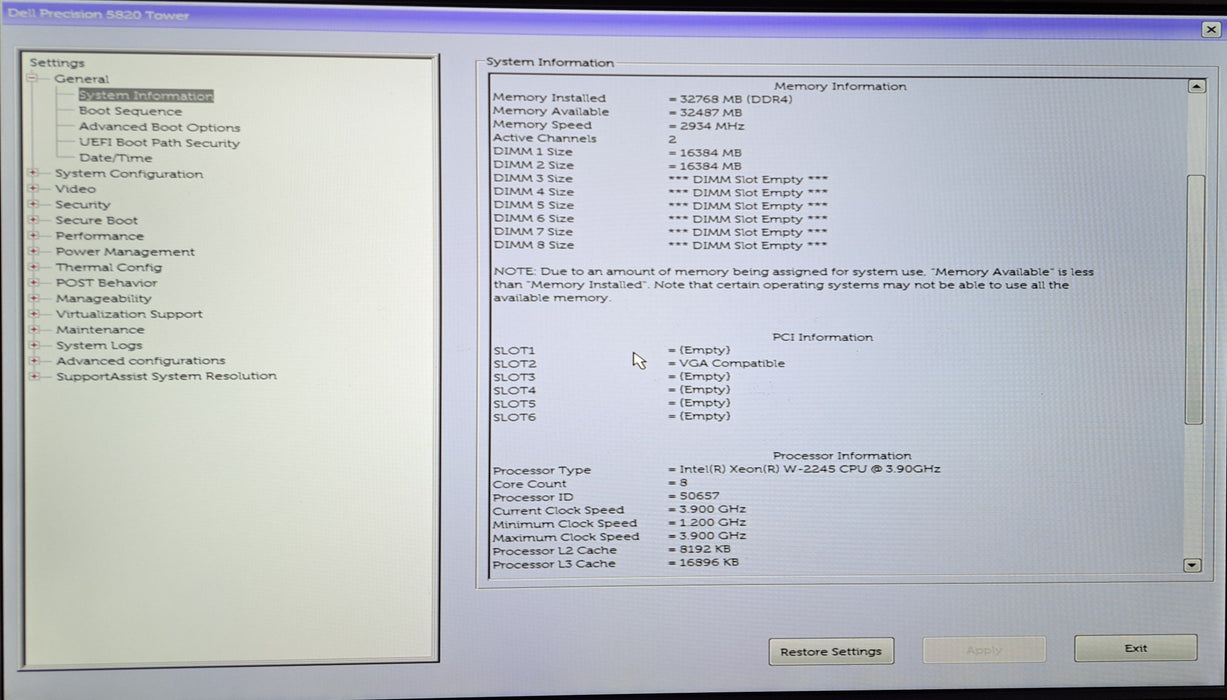 Dell Precision 5820 Tower | Xeon W-2245 @3.90GHz 8-Core, 32GB DDR4, No HDD/GPU