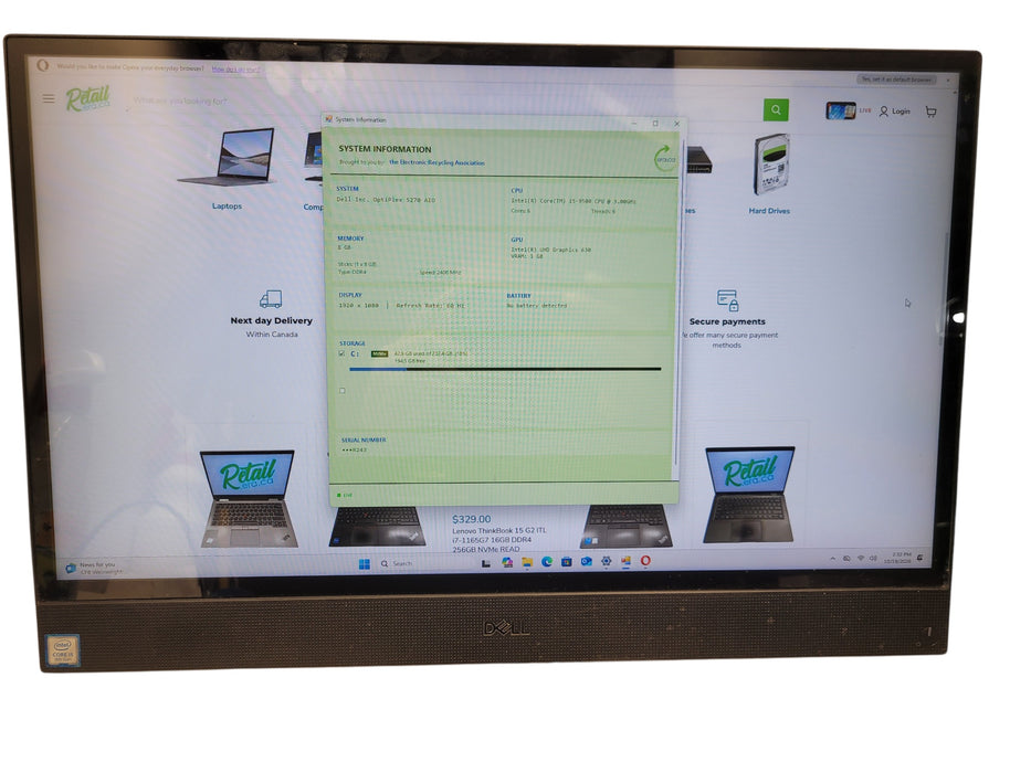 Dell OptiPlex 5270 AIO | i5-9500 @3.00GHz 8GB DDR4 256GB NVMe | NO STAND