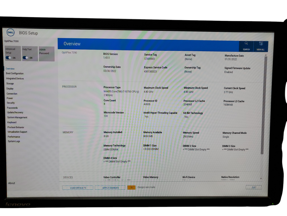 Dell OptiPlex 7090 SFF, i7-10700, 8GB DDR4, No HDD/OS