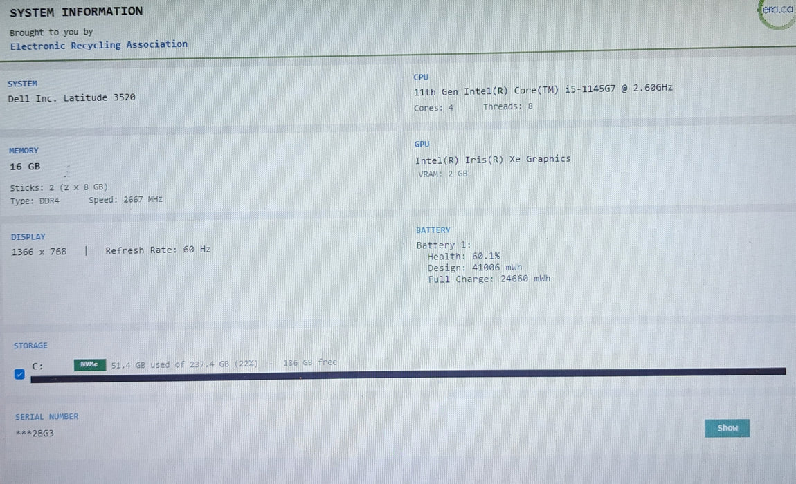 Dell Latitude 3520 Intel Core i5-1145G7 2.60GHz 16GB RAM 256GB SSD