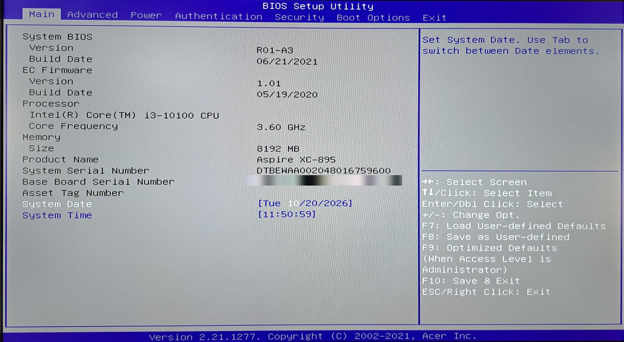 Acer Aspire XC-895-ES11 Desktop PC - Intel Core i3-10100 @3.60GHz 8GB RAM No HDD