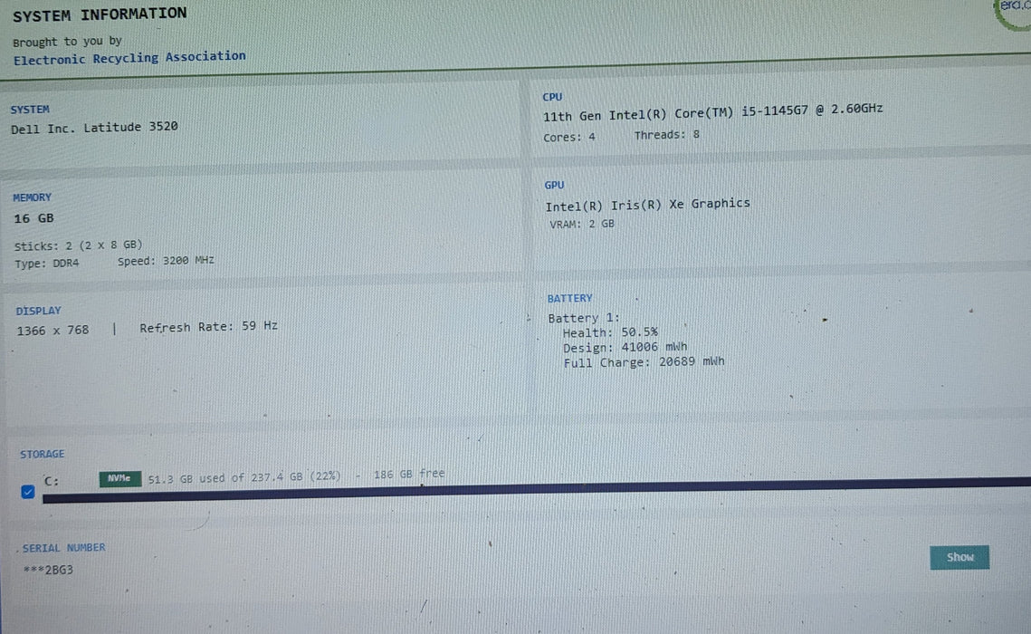 Dell Latitude 3520 Intel Core i5-1145G7 2.60GHz 16GB RAM 256GB SSD READ
