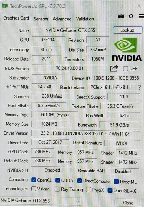 NVIDIA GeForce GTX 555 1GB GDDR5 PCIe Graphics Card