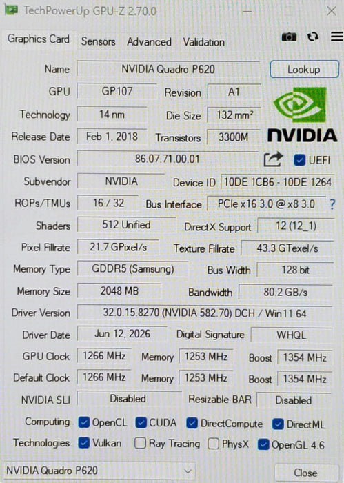 NVIDIA Quadro P620 2GB GDDR5 Graphics Card 4x MiniDP - No Bracket