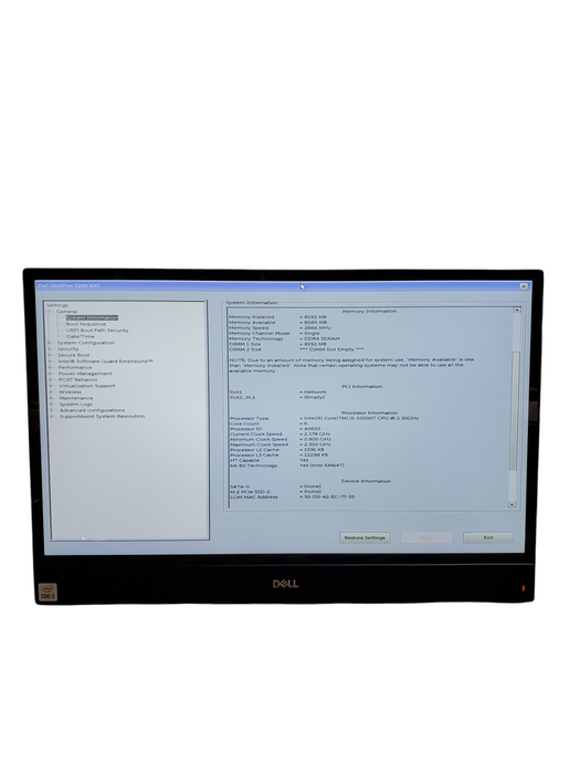 DELL OPTIPLEX 3280 AIO TOUCH i5-10500T 2.3GHZ 8GB RAM NO-HDD/SSD  *NO STAND*