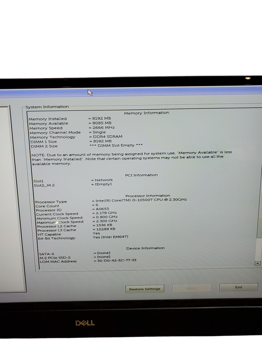 DELL OPTIPLEX 3280 AIO TOUCH i5-10500T 2.3GHZ 8GB RAM NO-HDD/SSD  *NO STAND*