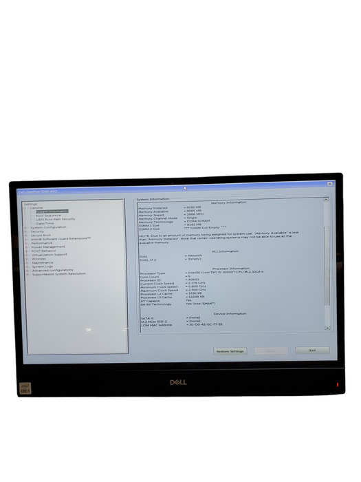DELL OPTIPLEX 3280 AIO TOUCH i5-10500T 2.3GHZ 8GB RAM NO-HDD/SSD  *NO STAND*