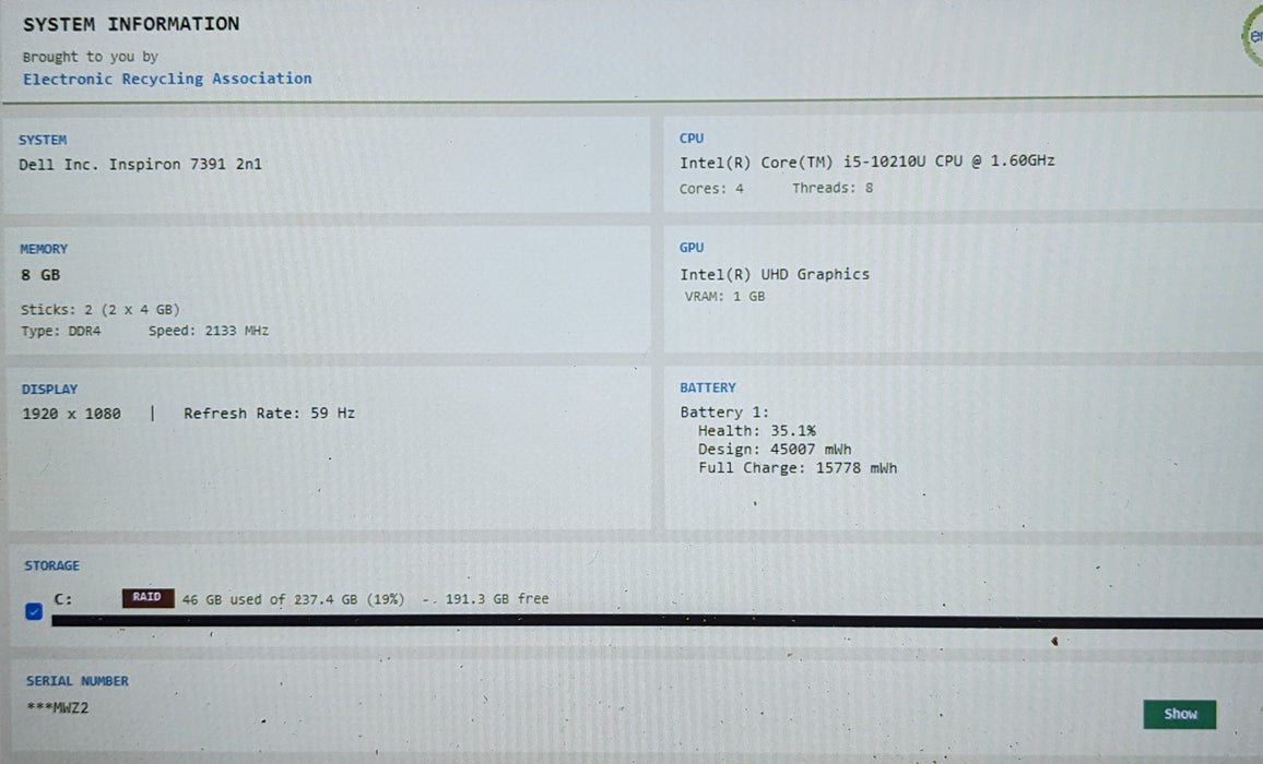 Dell Inspiron 7391 2in1 TOUCH Core i5-10210U@1.6GHz 8GB RAM 256GB SSD