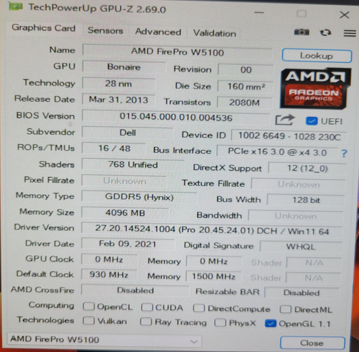 AMD FirePro W5100 4GB GDDR5 4x Display Port Video Graphics Card