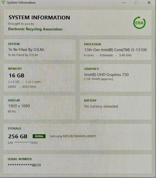 Custom Tower PC - Intel Core i3-13100 3.40GHz 16GB RAM 256GB NVMe SSD IMB-1713