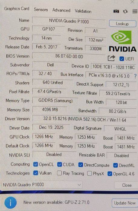 Dell NVIDIA Quadro P1000 4GB GDDR5 Graphics Card 059K0H FH Bracket