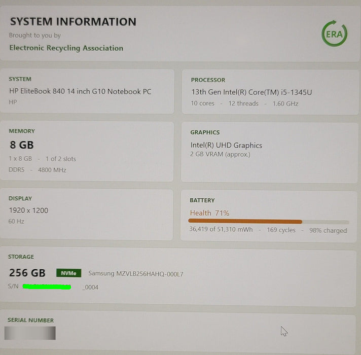 HP EliteBook 840 G10 14" i5-1345U 8GB DDR5 256GB NVMe SSD NO AC READ