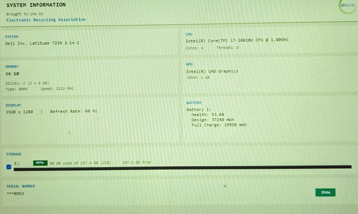 Dell Latitude 7210 2-in-1 TOUCH Core i7-10610U 1.80GHz16GB RAM 256GB SSD READ