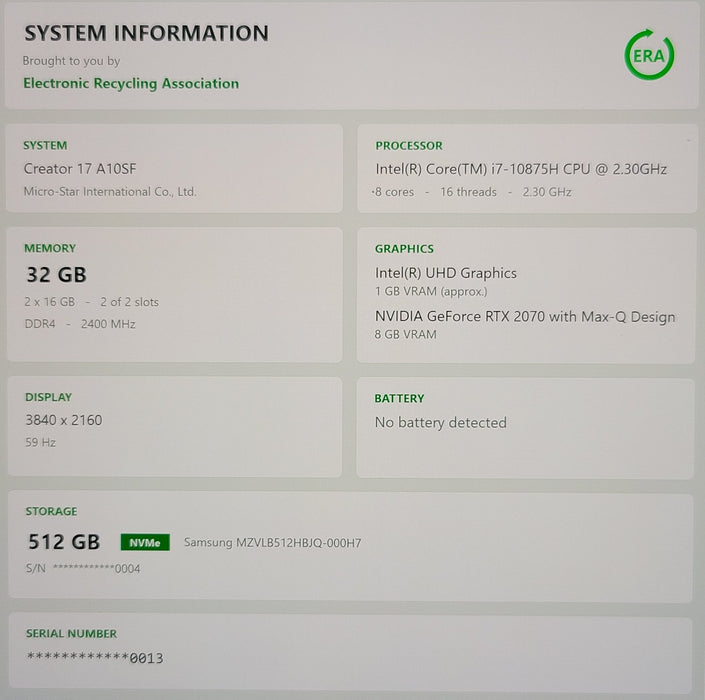 MSI Creator 17 A10SF i7-10875H 32GB DDR4 RTX 2070 Max-Q 512GB SSD 4K UHD READ