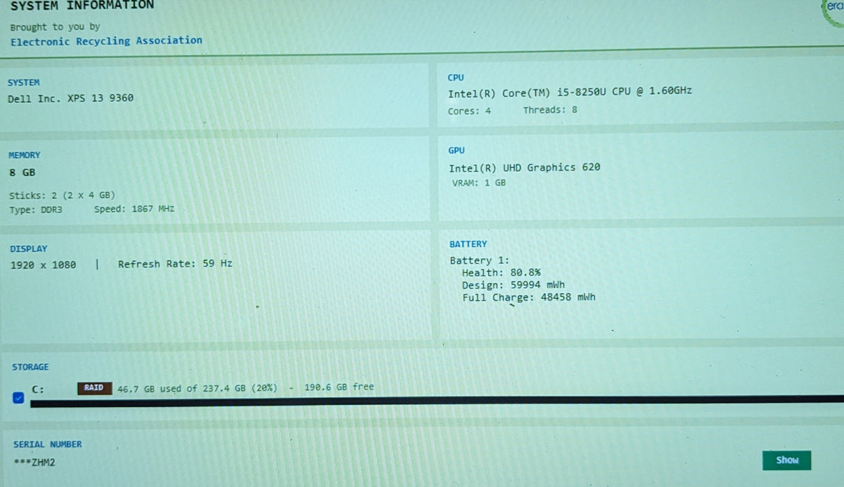 Dell XPS 13 9360 i5-8250U 1.60GHz 8GB RAM 256GB SSD READ