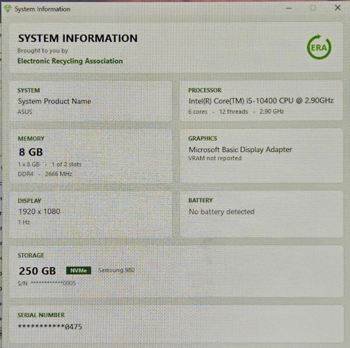 Custom PC - ASUS PRO H410M-C, Core i5-10400 2.90GHz 8GB RAM 250GB NVMe SSD