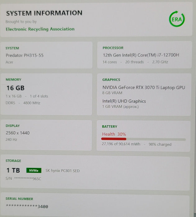 Acer Predator Helios 300 i7-12700H 16GB DDR5 RTX 3070 Ti 1TB SSD 240Hz READ