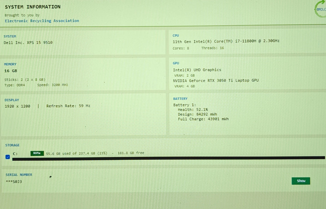 Dell XPS 15 9510 i7-11800H RTX 3050 Ti 4GB GPU 16GB RAM 256GB SSD READ