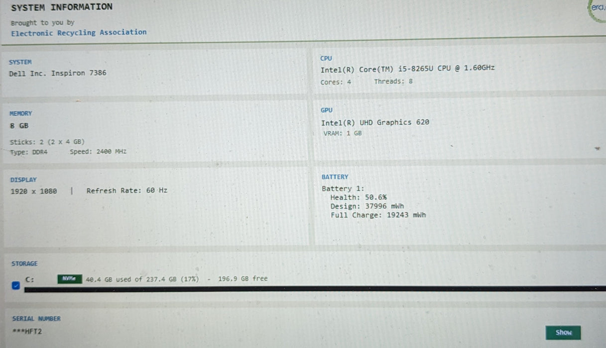 Dell Inspiron 7386 TOUCH Core i5-8265U@1.6GHz 8GB RAM 256GB SSD