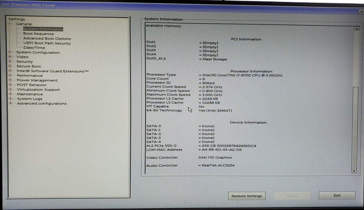 Dell Precision 3630 Tower - Core i7-9700, 16GB DDR4, 256GB NVMe