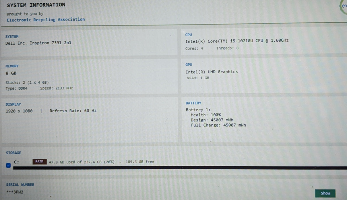 Dell Inspiron 7391 2in1 TOUCH Core i5-10210U@1.6GHz 8GB RAM 256GB SSD