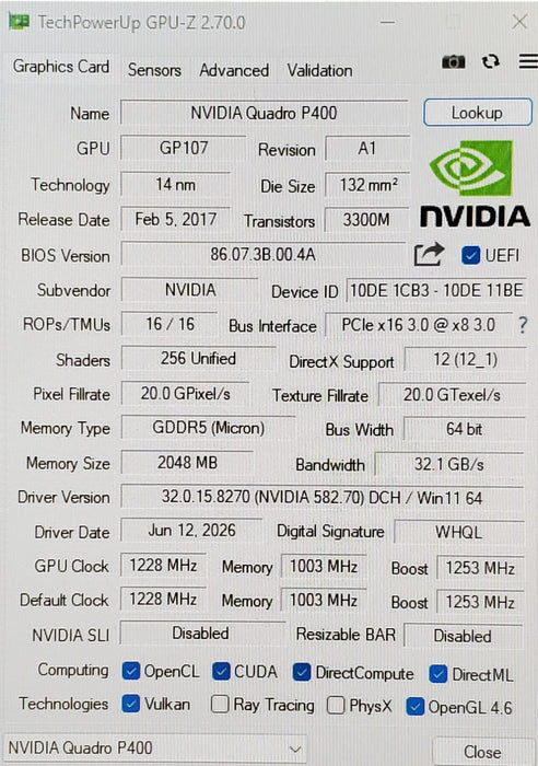 NVIDIA Quadro P400 2GB GDDR5 Graphics Card - No Bracket