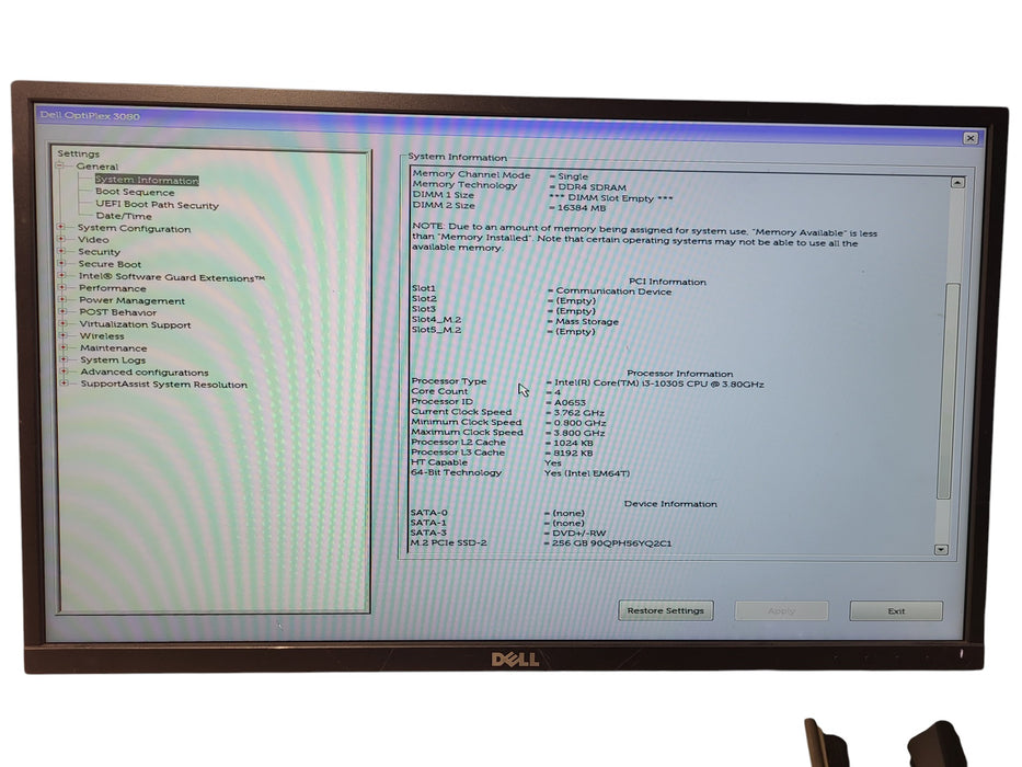 Dell OptiPlex 3080 Tower - Core i3-10305 3.80GHz 16GB RAM 256GB SSD DVD-RW