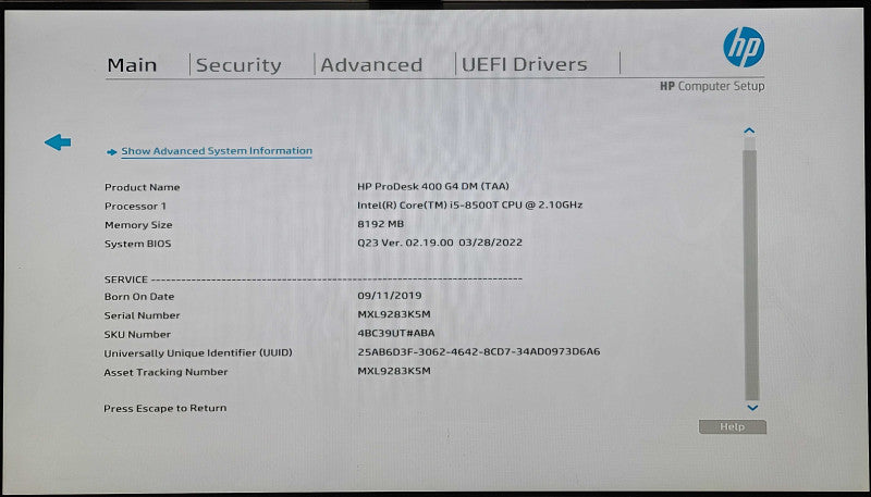 HP ProDesk 400 G4 USFF, i5-8500T 2.10GHz 6C, 8GB DDR4, 256GB Nvme, WiFi, PWR