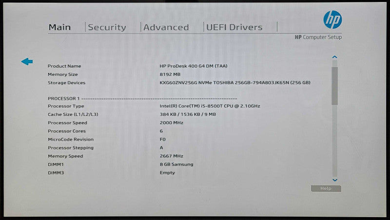 HP ProDesk 400 G4 USFF, i5-8500T 2.10GHz 6C, 8GB DDR4, 256GB Nvme, WiFi, PWR