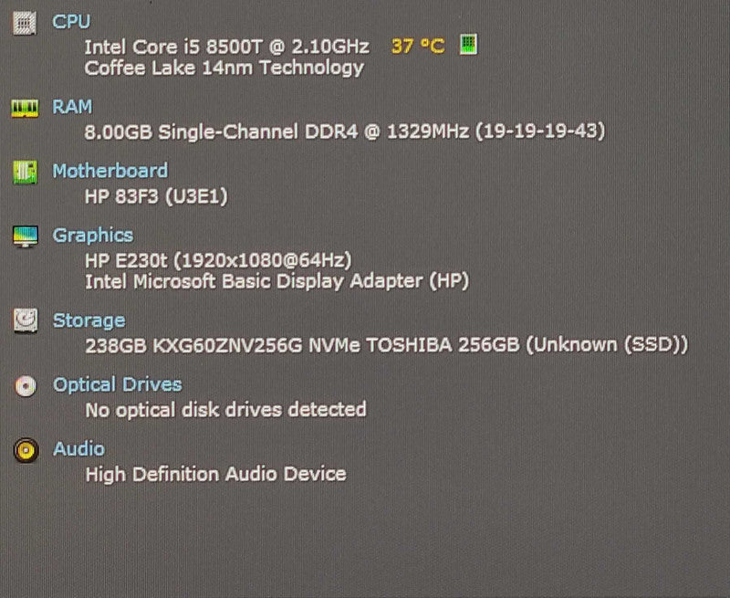 HP ProDesk 400 G4 USFF, i5-8500T 2.10GHz 6C, 8GB DDR4, 256GB Nvme, WiFi, PWR