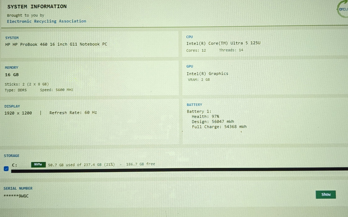 HP ProBook 460 G11 Core Ultra 5 125U 16GB DDR5 256GB NVMe