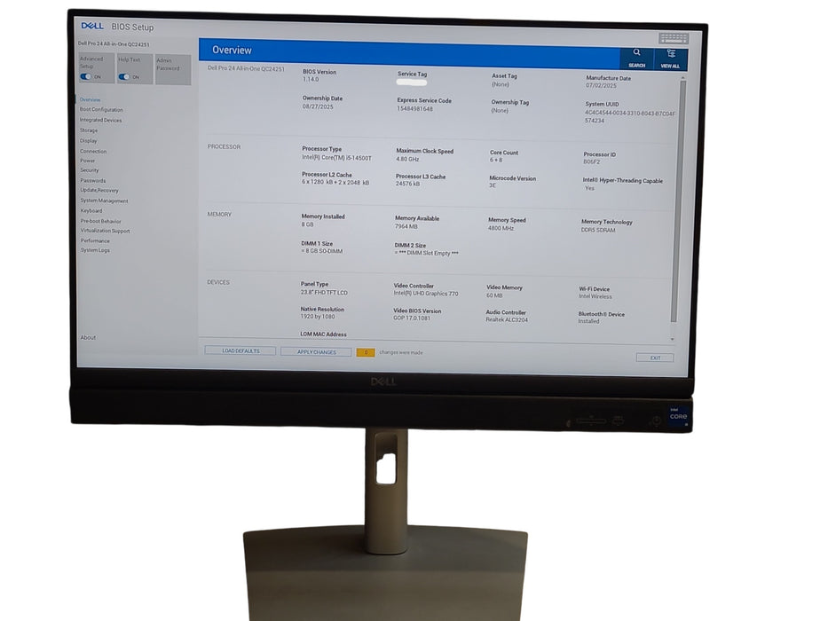 Dell Pro 24 QC24251 AIO, 14th Gen Core i5-14500T CPU 8GB DDR5, 256GB NVMe