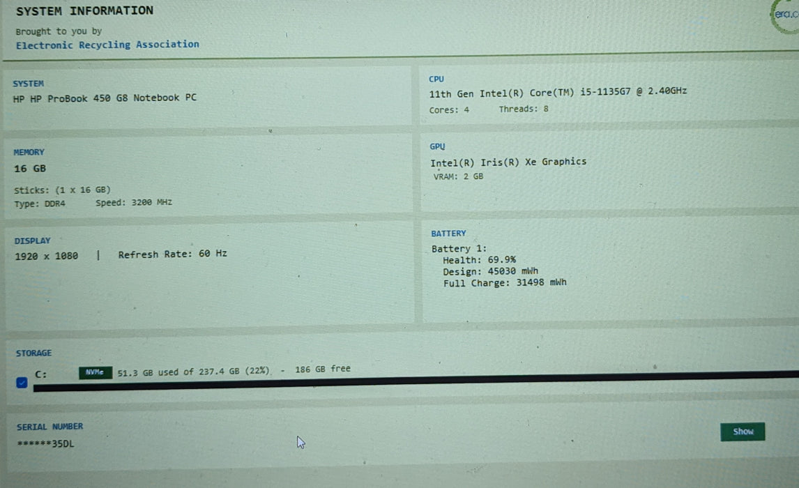 HP EliteBook 450 G8 15.6" i5-1135G7 16GB 256GB NVMe SSD READ