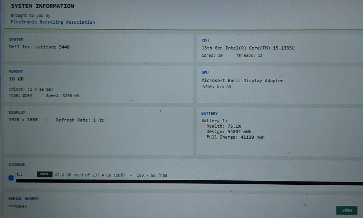 Dell Latitude 5440 Intel Core i5-1335U 16GB RAM 256GB SSD READ