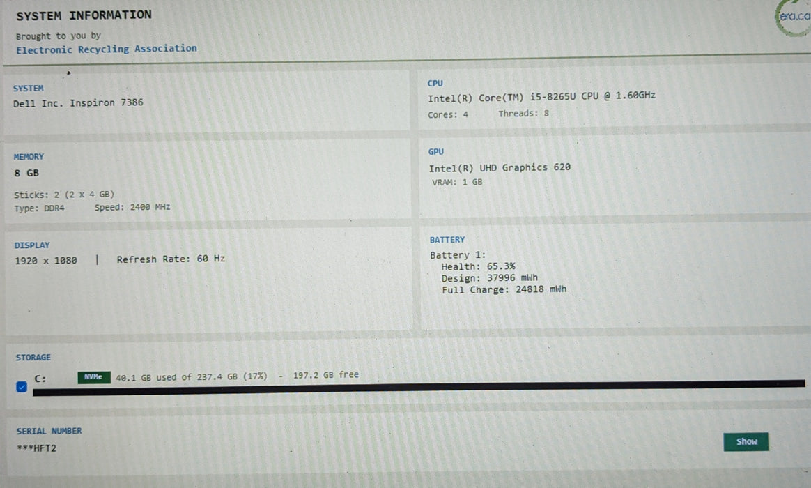 Dell Inspiron 7386 TOUCH Core i5-8265U@1.6GHz 8GB RAM 256GB SSD