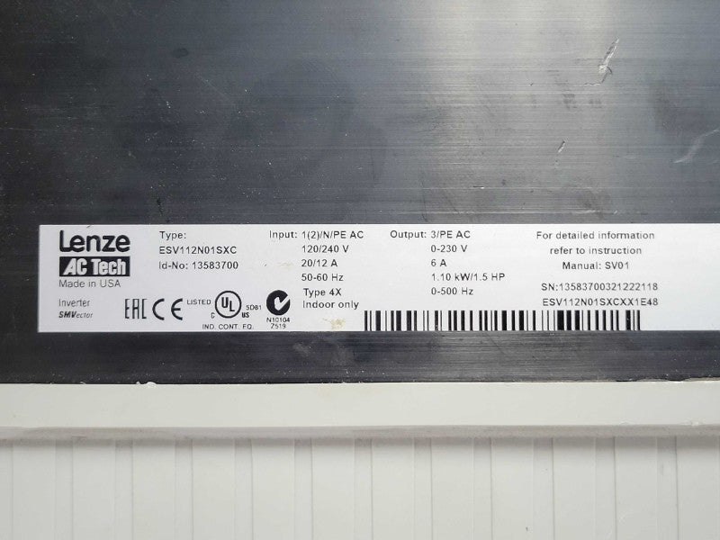 SMVector LENZE AC TECH ESV112N01SXC 1.5 HP AC Drive Q_