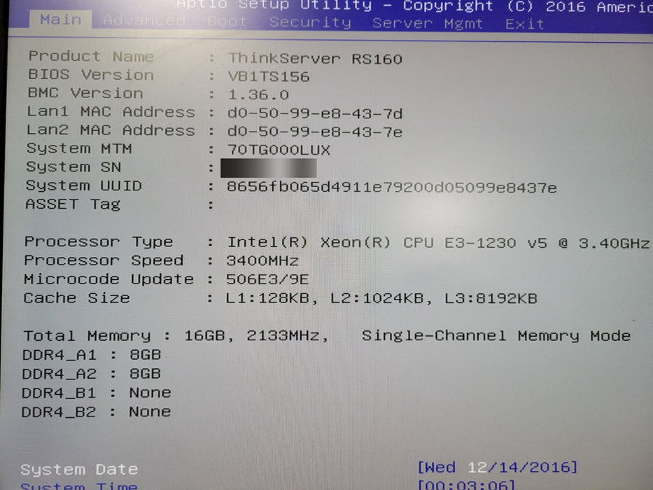 Lenovo ThinkServer RS160 1U server, Xeon E3-1230 v5 3.40GHz,16GB DDR4, No HDD